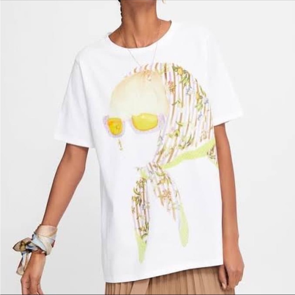 Zara Woman In Scarf & Glasses Print T-Shirt White Size S NEW
